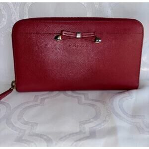 Prada Milano Red Saffiano Leather Bow Zip Around Wallet Quiet Luxury Designer